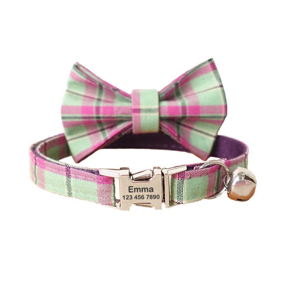 Grid Adjustable Personalized Cat Collar With Removable Bell & Bowtie - iTalkPet