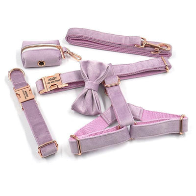 Light Purple Velvet Personalized Dog Collar Leash Harness Bowtie Poop Bag Set - iTalkPet