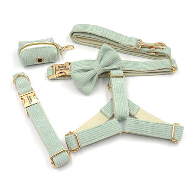 Mint Stripe Velvet Personalized Dog Collar Leash Harness Bowtie Poop Bag Set - iTalkPet