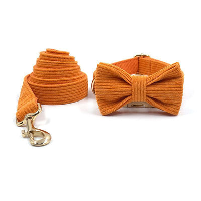 Orange Stripe Velvet Personalized Dog Collar Leash Harness Bowtie Poop Bag Set - iTalkPet