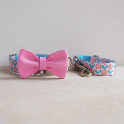 Pink Chrysanthemum Personalized Dog Collar with Leas & Bow tie Set - iTalkPet
