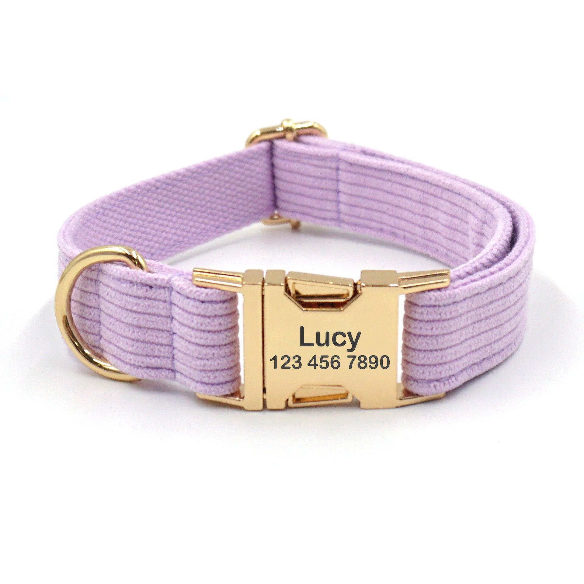 Pink Purple Stripe Velvet Personalized Dog Collar Leash Harness Bowtie Poop Bag Set - iTalkPet