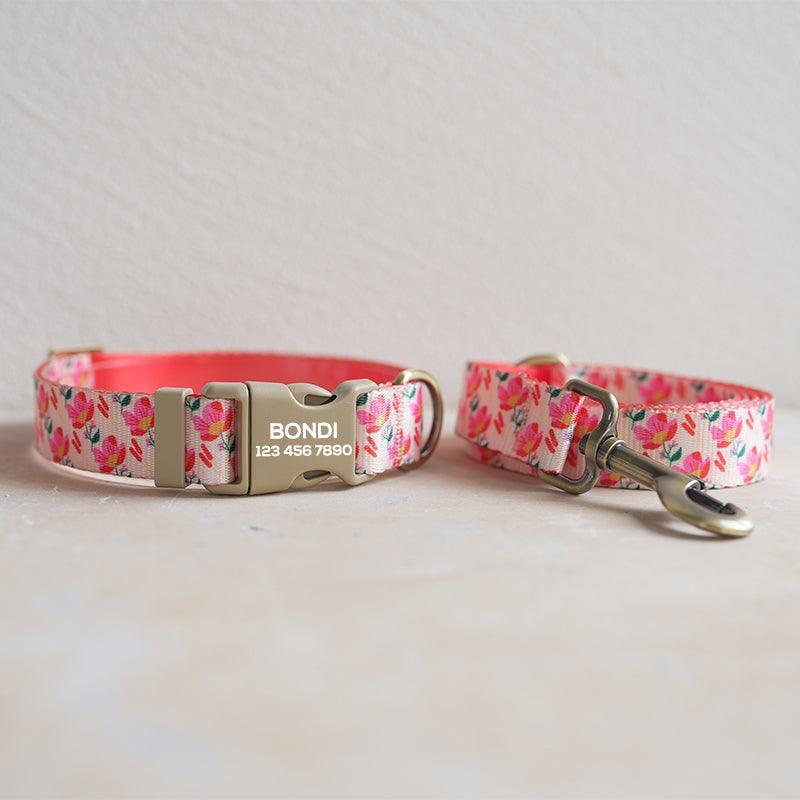 Pink Rose Personalized Dog Collar with Leas & Bow tie Set - iTalkPet