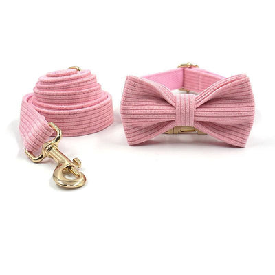 Pink Stripe Velvet Personalized Dog Collar Leash Harness Bowtie Poop Bag Set - iTalkPet