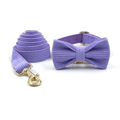 Purple Stripe Velvet Personalized Dog Collar Leash Harness Bowtie Poop Bag Set - iTalkPet