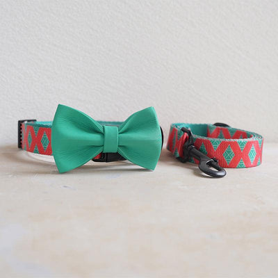 Red Grid Personalized Dog Collar with Leas & Bow tie Set - iTalkPet
