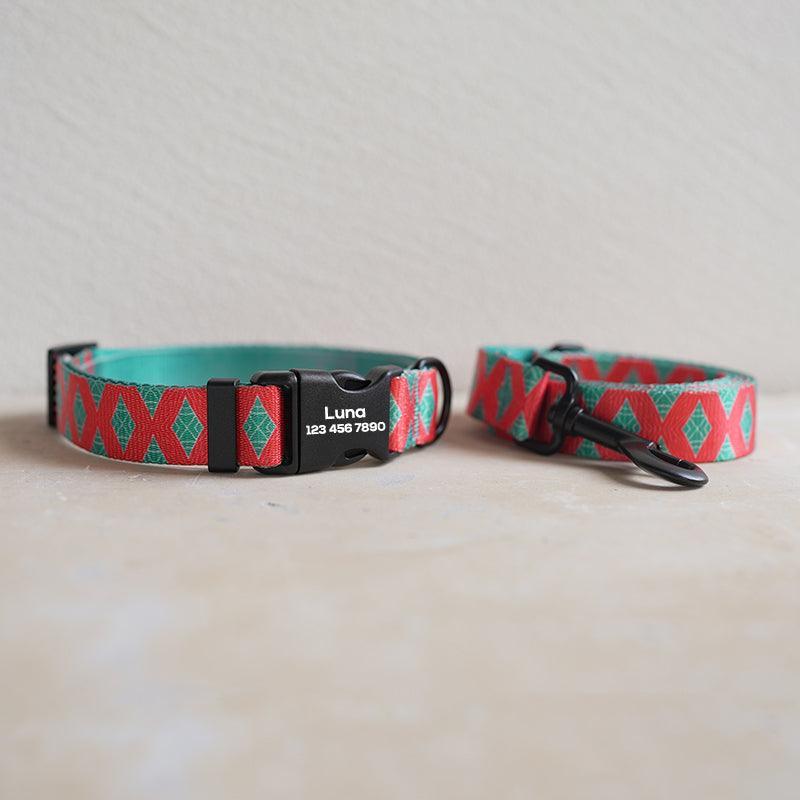 Red Grid Personalized Dog Collar with Leas & Bow tie Set - iTalkPet