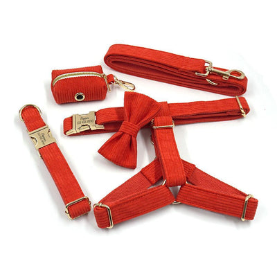 Red Stripe Velvet Personalized Dog Collar Leash Harness Bowtie Poop Bag Set - iTalkPet