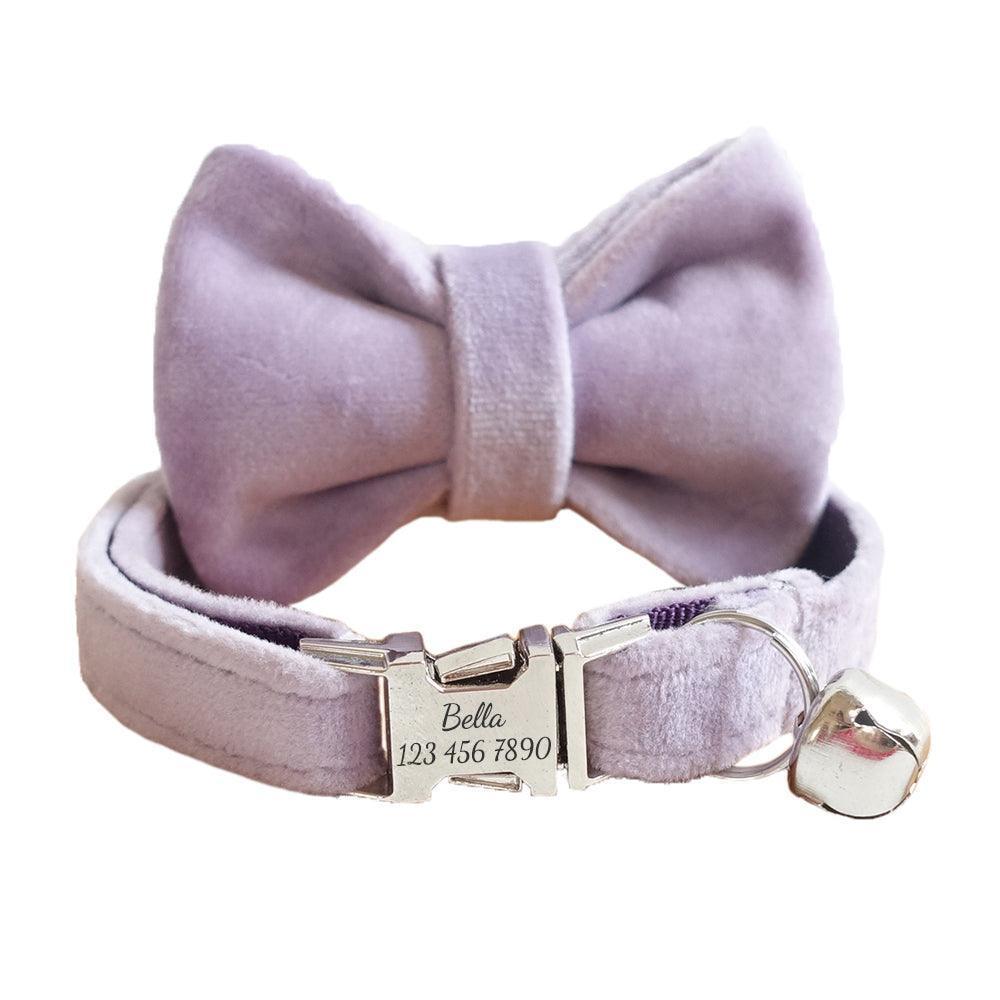 Velvet Adjustable Personalized Cat Collar With Removable Bell & Bowtie - iTalkPet