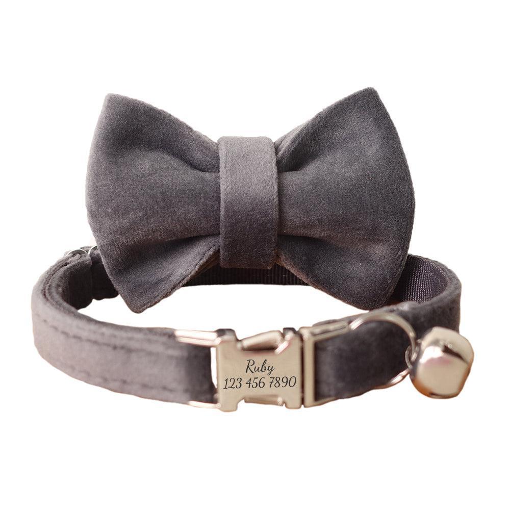 Velvet Adjustable Personalized Cat Collar With Removable Bell & Bowtie - iTalkPet