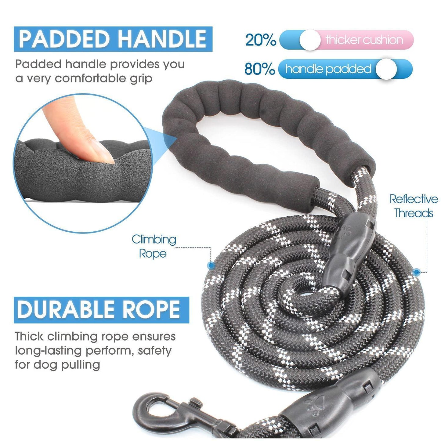 5FT Dog Leash with Comfortable Padded Handle and Highly Reflective Threads - iTalkPet