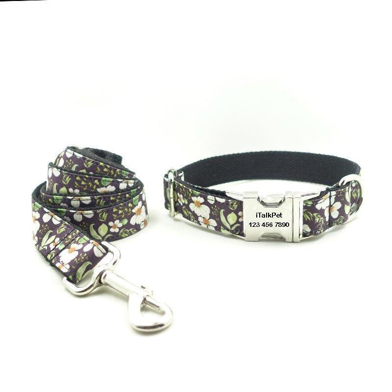 Black Flower Personalized Dog Collar Set - iTalkPet