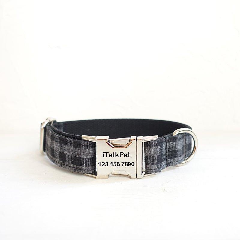 Black Gray Plaid Personalized Dog Collar Set - iTalkPet