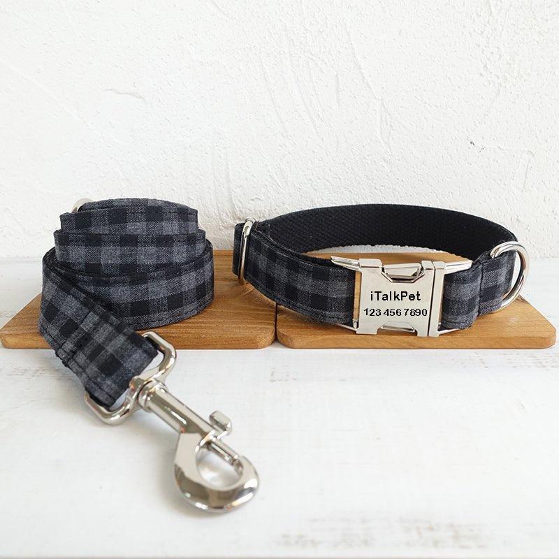 Black Gray Plaid Personalized Dog Collar Set - iTalkPet