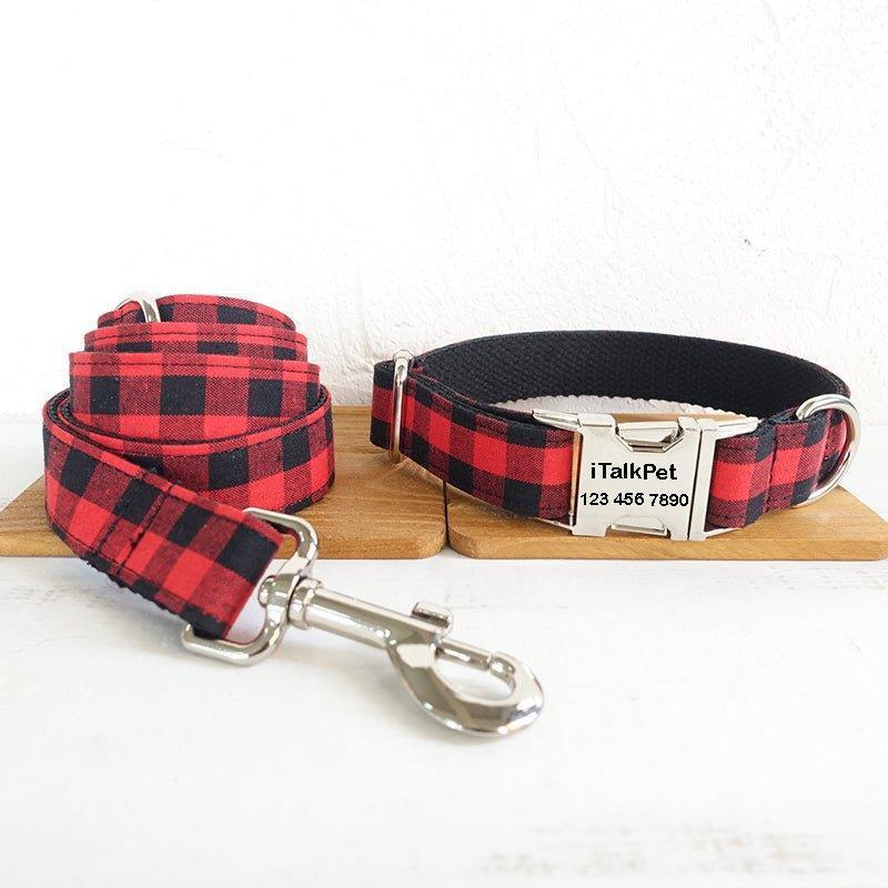 Black Red Plaid Personalized Dog Collar Set - iTalkPet