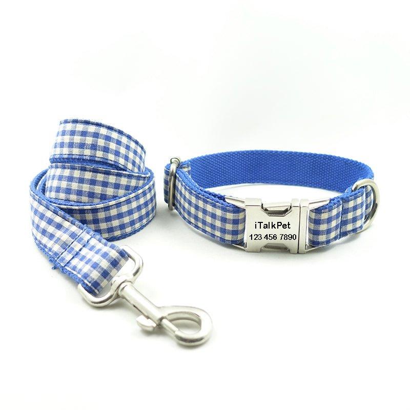 Blue White Plaid Personalized Dog Collar Set - iTalkPet