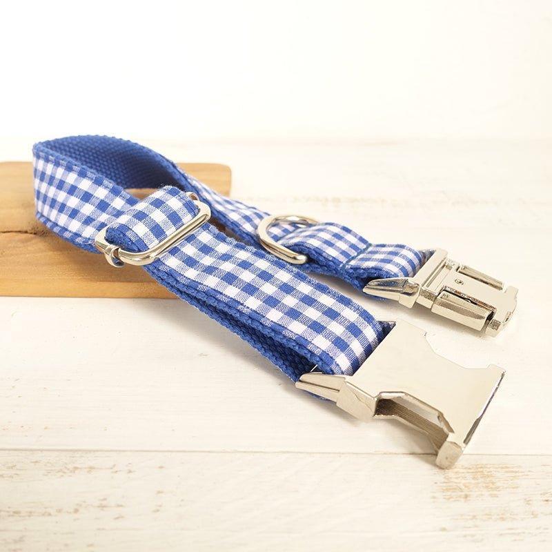 Blue White Plaid Personalized Dog Collar Set - iTalkPet