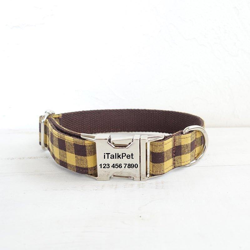 Brown Yellow Plaid Personalized Dog Collar Set - iTalkPet