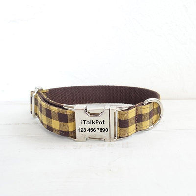 Brown Yellow Plaid Personalized Dog Collar Set - iTalkPet