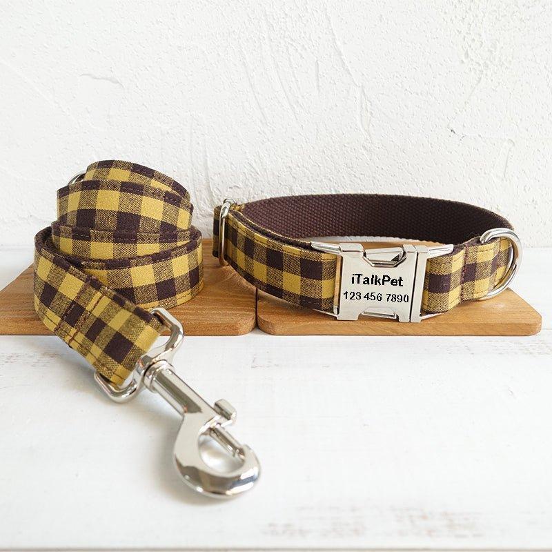 Brown Yellow Plaid Personalized Dog Collar Set - iTalkPet