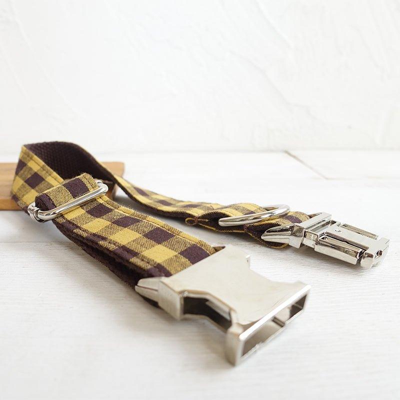 Brown Yellow Plaid Personalized Dog Collar Set - iTalkPet