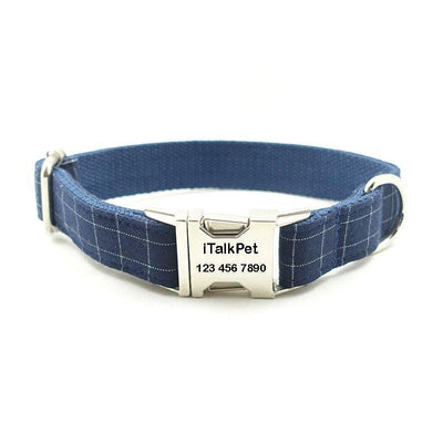 Dark Blue Plaid Thickened Soft Custom Dog Collar Set - iTalkPet
