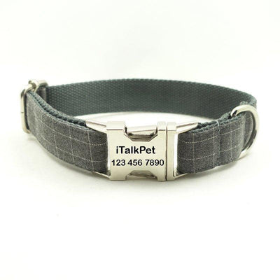 Gray Plaid Thickened Soft Custom Dog Collar Set - iTalkPet