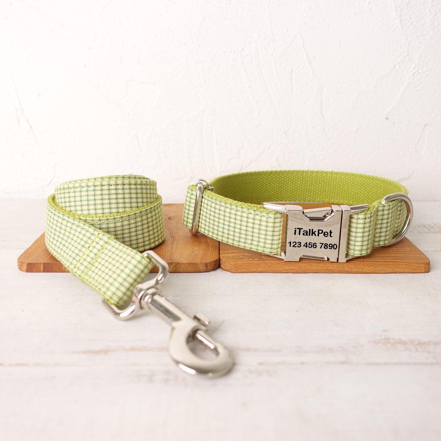Green Plaid Personalized Dog Collar Set - iTalkPet
