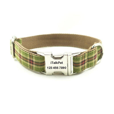 Green Tree Plaid Personalized Dog Collar Set - iTalkPet