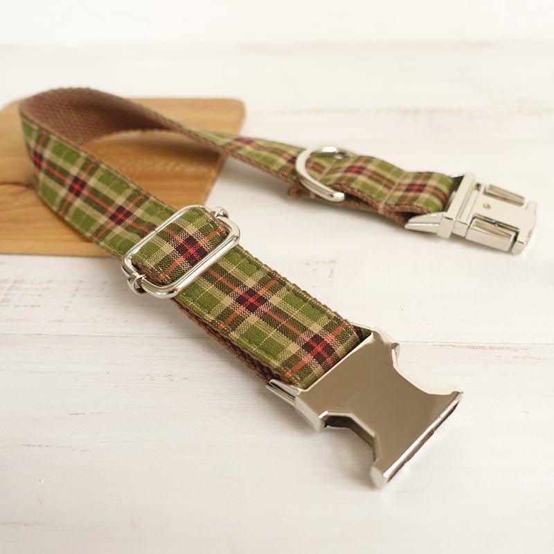 Green Tree Plaid Personalized Dog Collar Set - iTalkPet