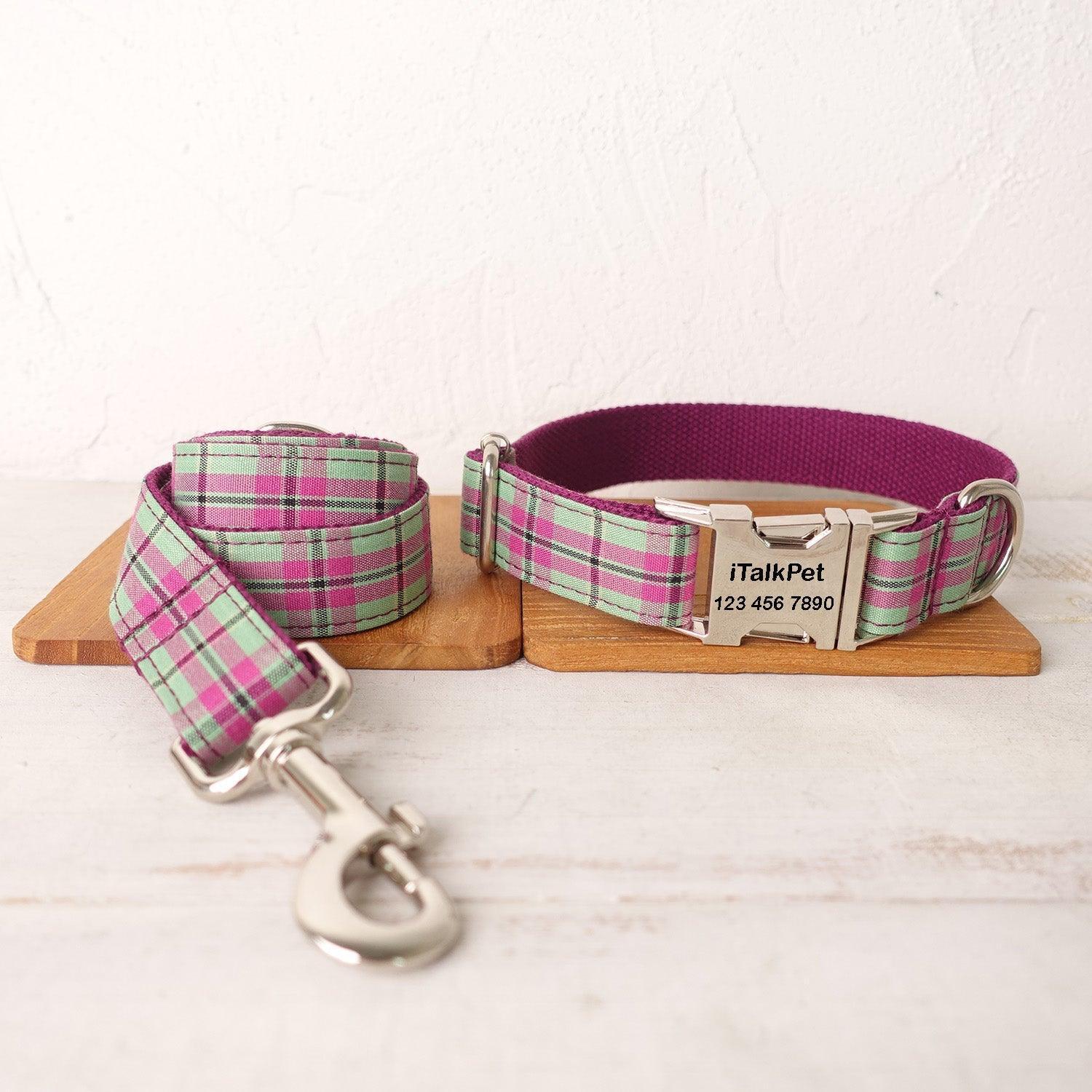 Purple Mint Plaid Personalized Dog Collar Set - iTalkPet
