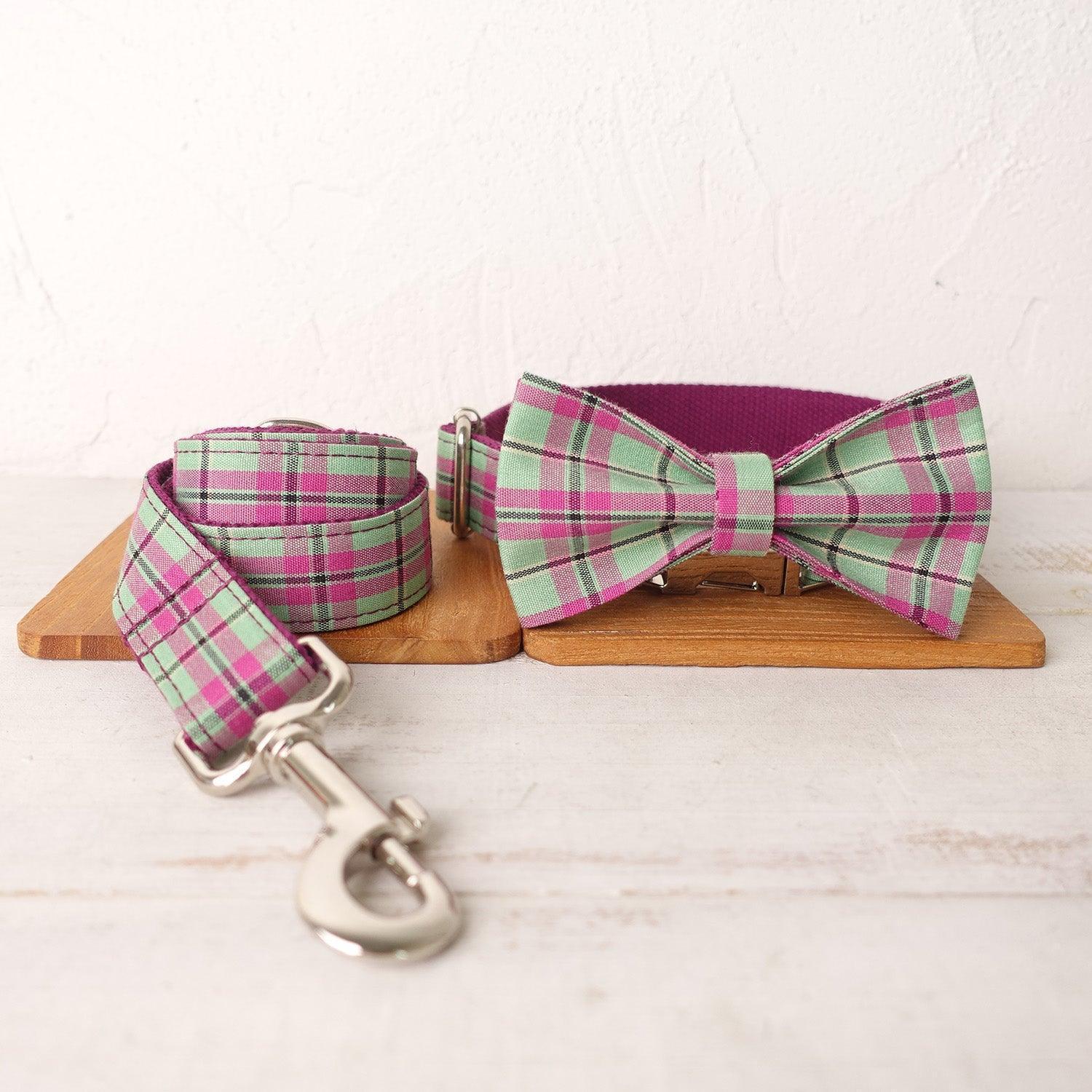 Purple Mint Plaid Personalized Dog Collar Set - iTalkPet