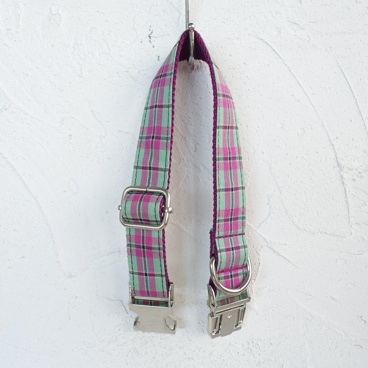 Purple Mint Plaid Personalized Dog Collar Set - iTalkPet
