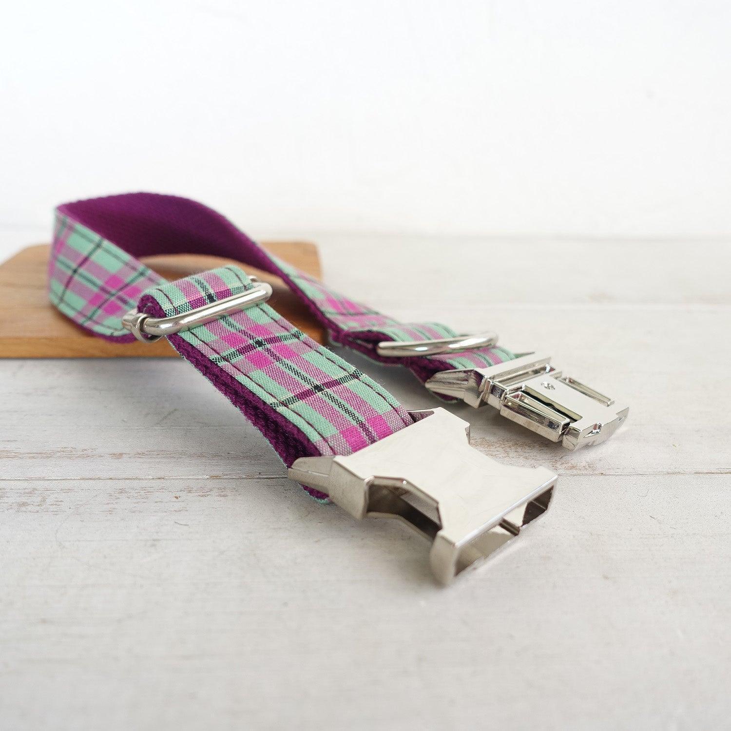 Purple Mint Plaid Personalized Dog Collar Set - iTalkPet