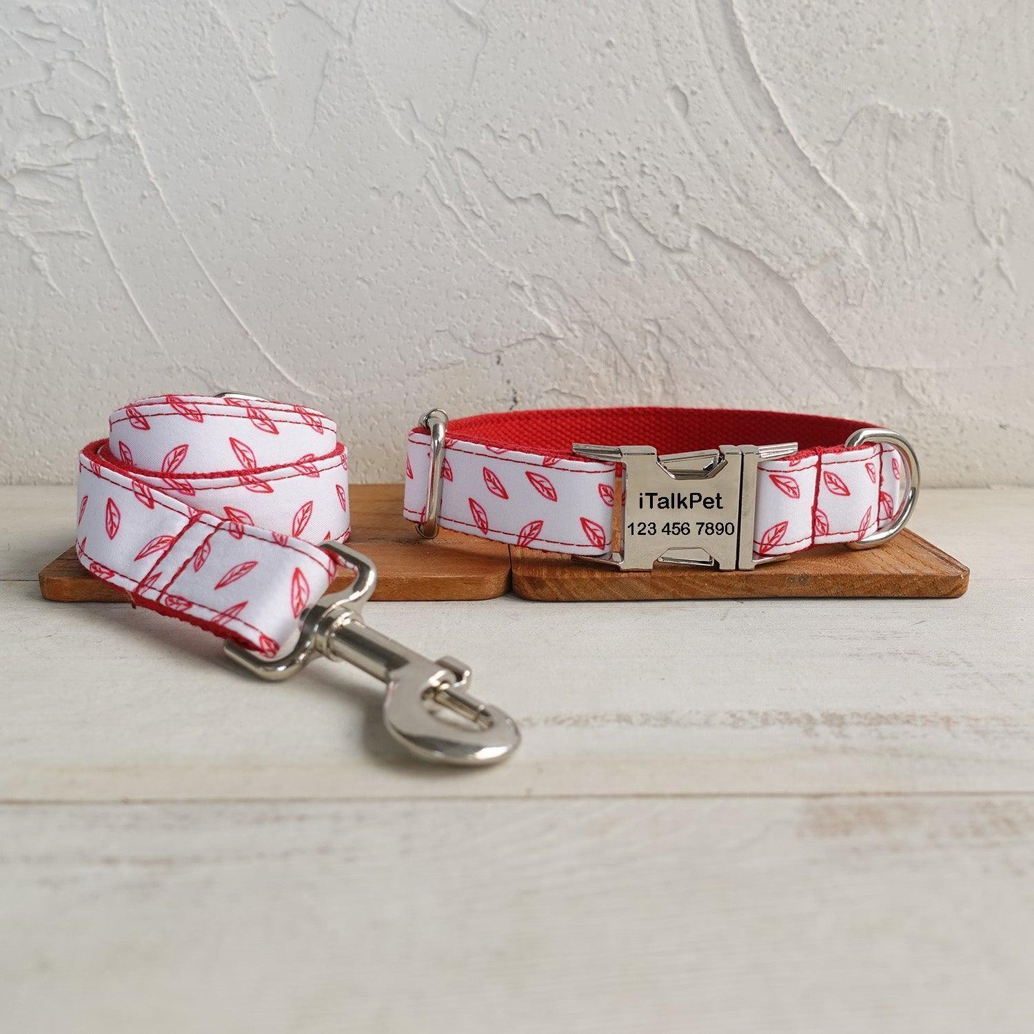 Red Leaf White Personalized Dog Collar Set - iTalkPet