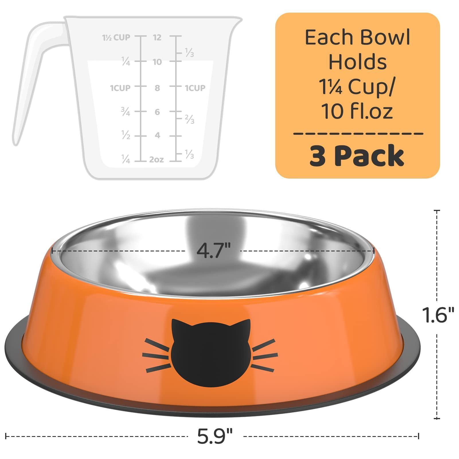 Set of 3 Stainless Steel Cat Food Water Bowl with Non-Slip Rubber Base - iTalkPet