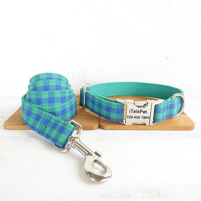 Teal Green Plaid Personalized Dog Collar Set - iTalkPet