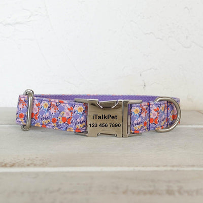 Tulips Purple Personalized Dog Collar Set - iTalkPet