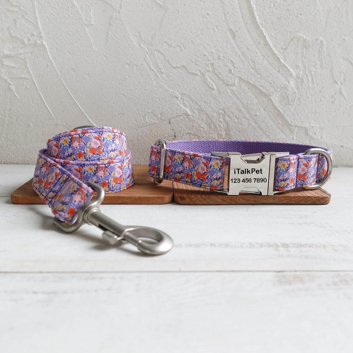 Tulips Purple Personalized Dog Collar Set - iTalkPet