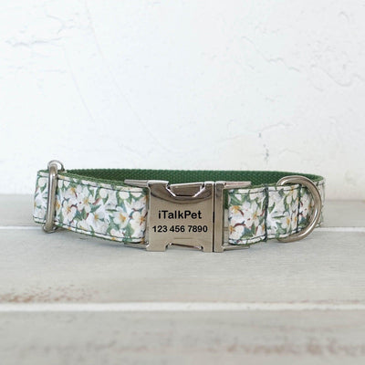 White Flower Green Personalized Dog Collar Set - iTalkPet