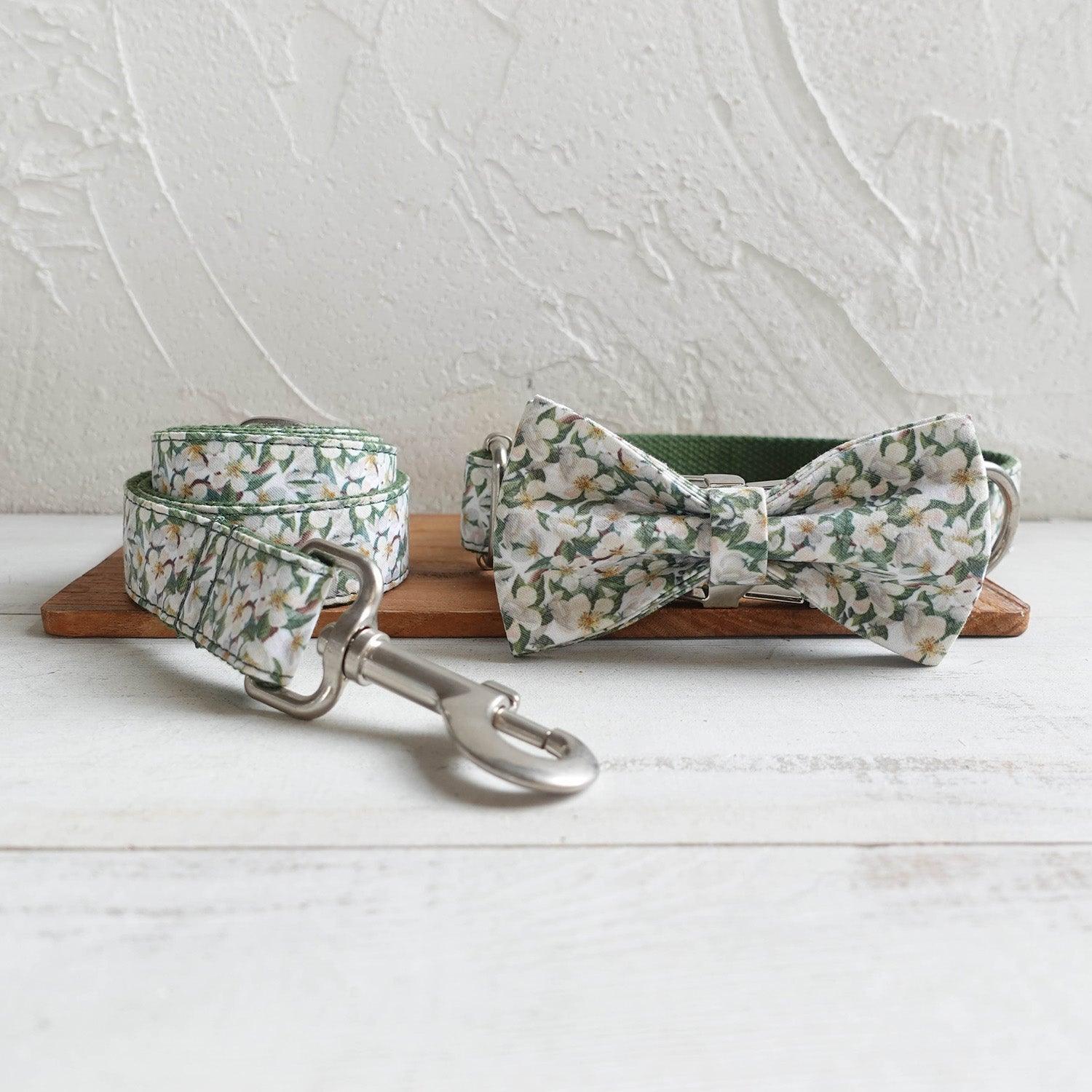 White Flower Green Personalized Dog Collar Set - iTalkPet