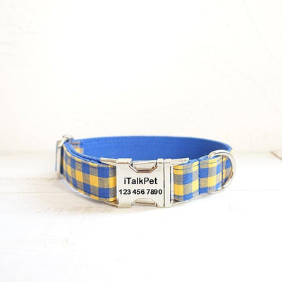 Yellow Plaid Blue Personalized Dog Collar Set - iTalkPet