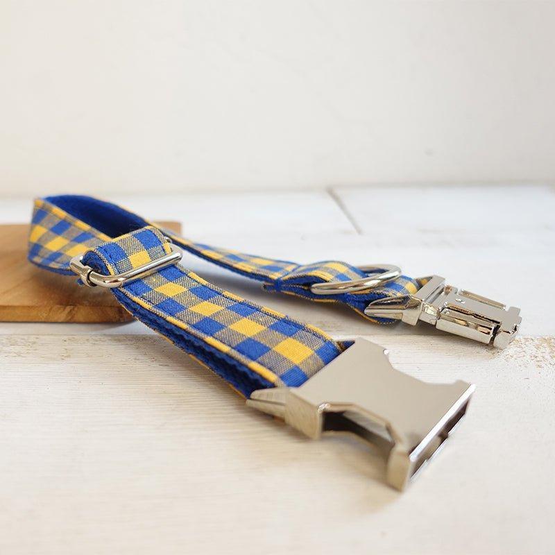 Yellow Plaid Blue Personalized Dog Collar Set - iTalkPet