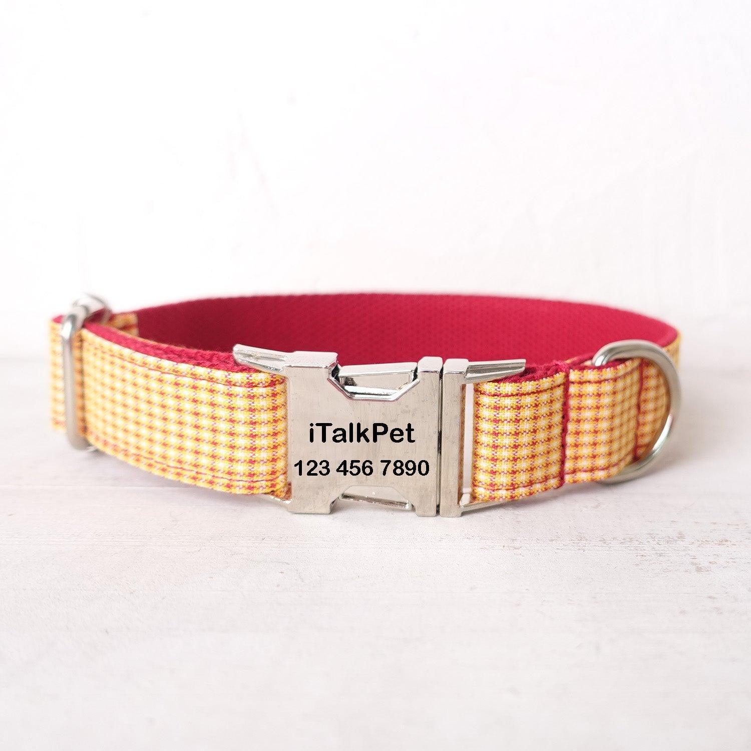 Yellow Plaid Red Personalized Dog Collar Set - iTalkPet