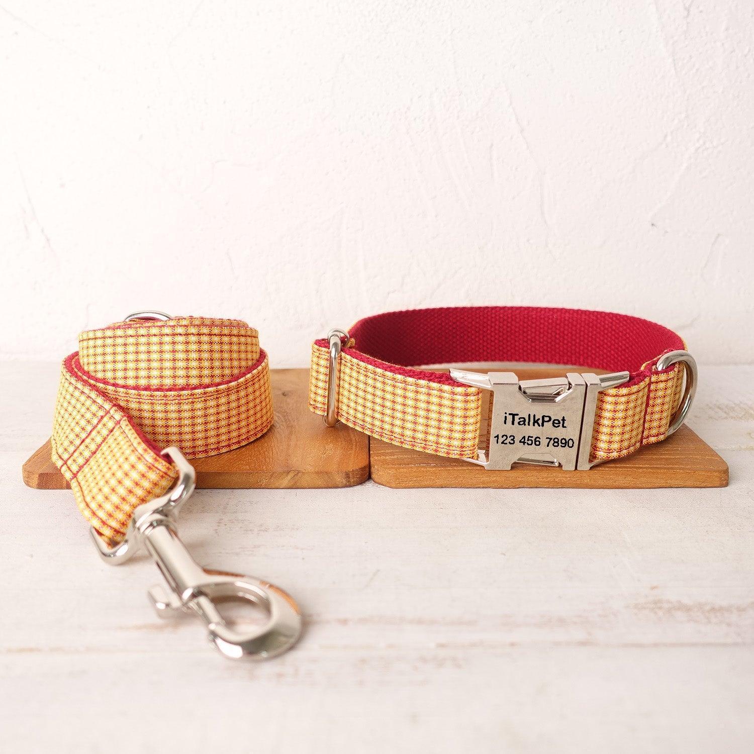 Yellow Plaid Red Personalized Dog Collar Set - iTalkPet
